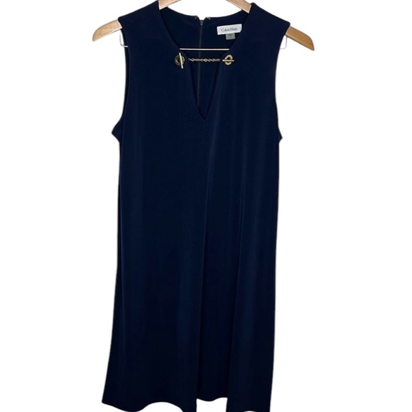 Calvin Klein Navy Gold Chain Sleeveless Shift Dress Women Size 6 - Picture 1 of 5